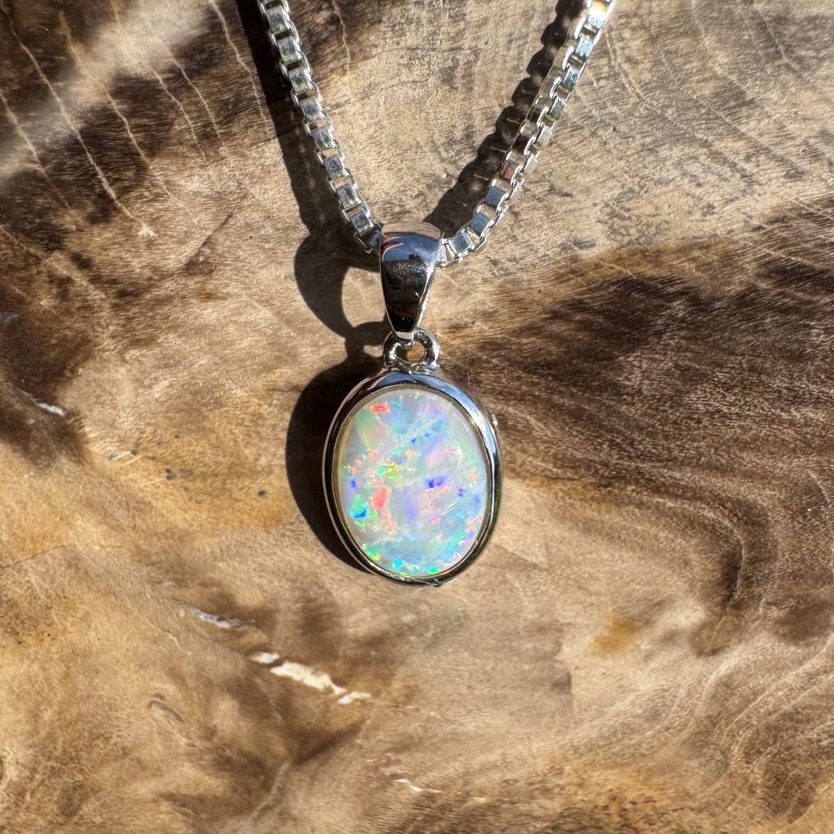 0.6ct Coober Pedy Opal Pendant Necklace ~ 'Ben Lomond Glow' | 14ct White Gold | Solid Australian Opal