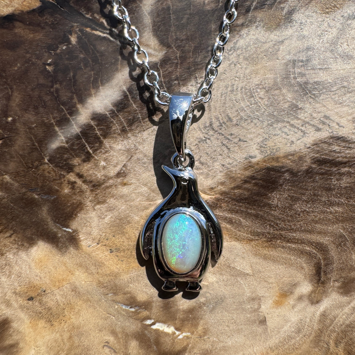 0.3ct Coober Pedy Opal Penguin Pendant Necklace ~ 'Low Head Shimmer' | 925 Sterling Silver | Solid Australian Opal