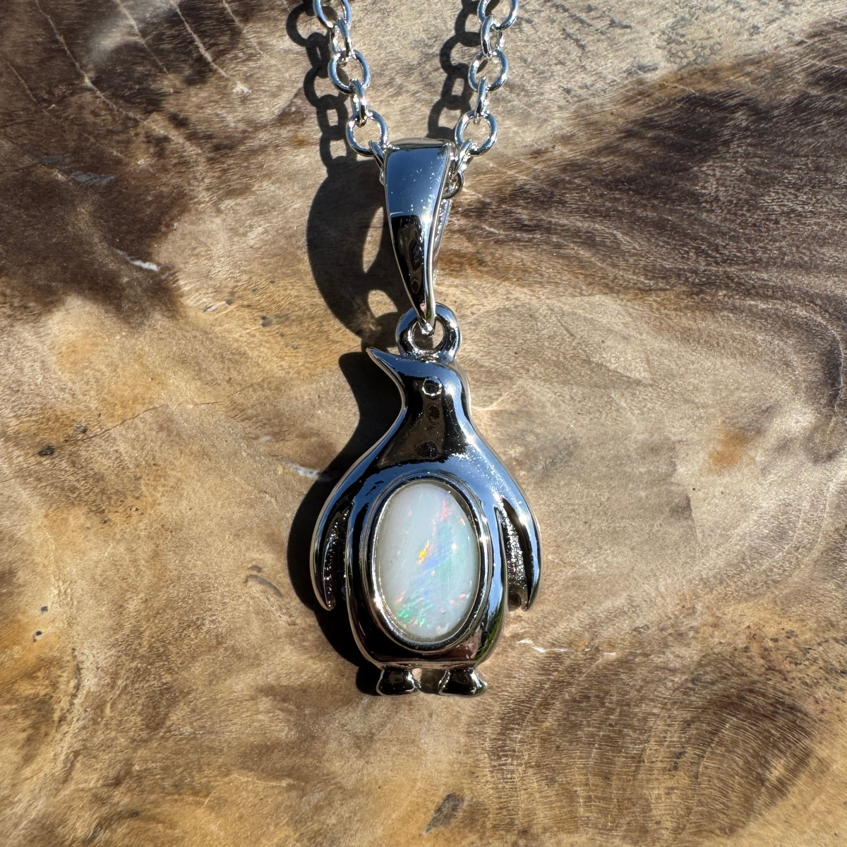 0.3ct Coober Pedy Opal Penguin Pendant Necklace ~ 'St Kilda Pier Glow' | 925 Sterling Silver | Solid Australian Opal