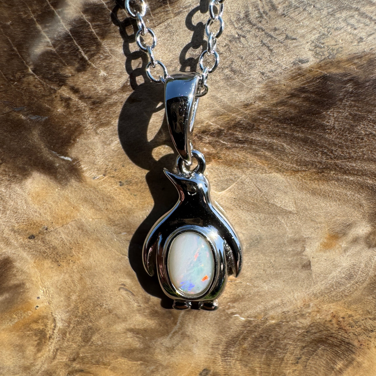 0.3ct Coober Pedy Opal Penguin Pendant Necklace ~ 'St Kilda Pier Glow' | 925 Sterling Silver | Solid Australian Opal