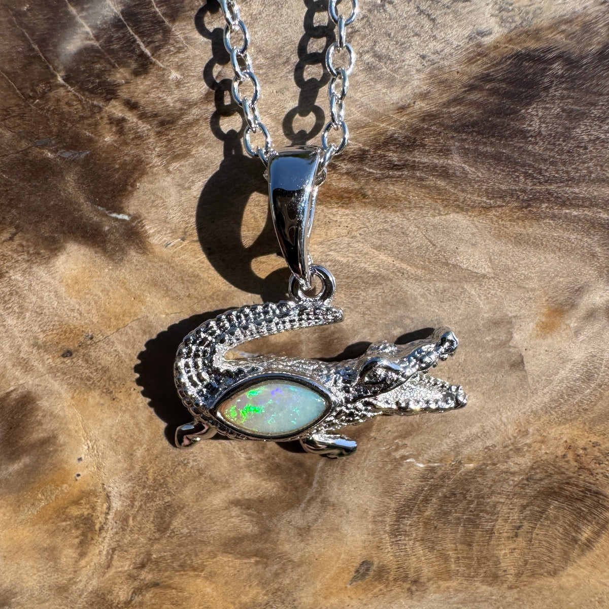0.3ct Coober Pedy Opal Crocodile Pendant Necklace ~ 'Mary River Glow' | 925 Sterling Silver | Solid Australian Opal