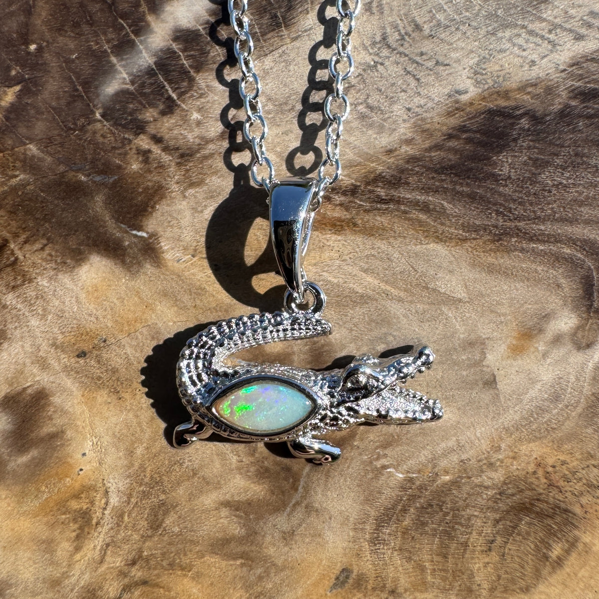 0.3ct Coober Pedy Opal Crocodile Pendant Necklace ~ 'Mary River Glow' | 925 Sterling Silver | Solid Australian Opal