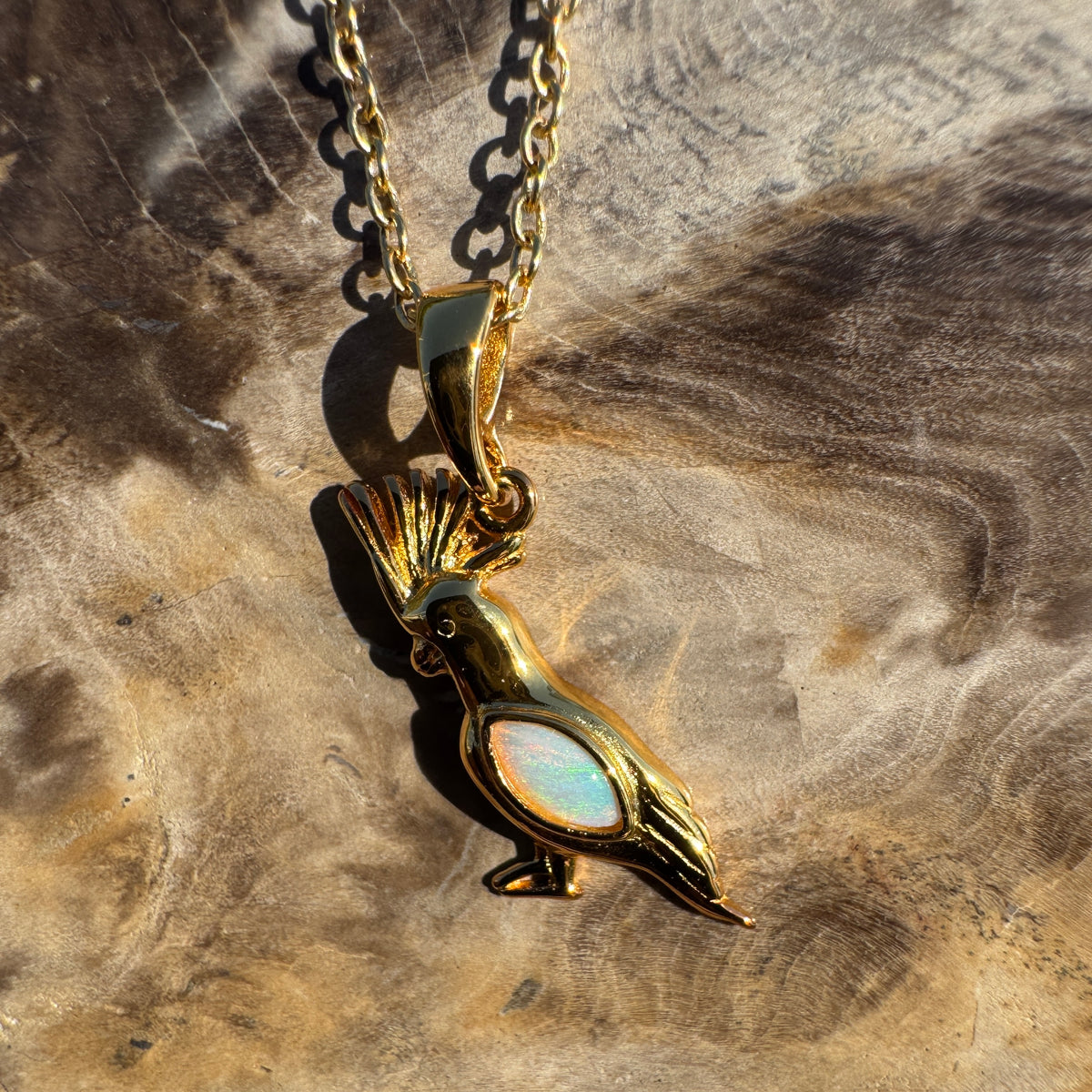 0.3ct Coober Pedy Opal Cockatoo Pendant Necklace ~ 'Blackdown Tableland Glow' | Yellow Gold Coated 925 Sterling Silver | Solid Australian Opal
