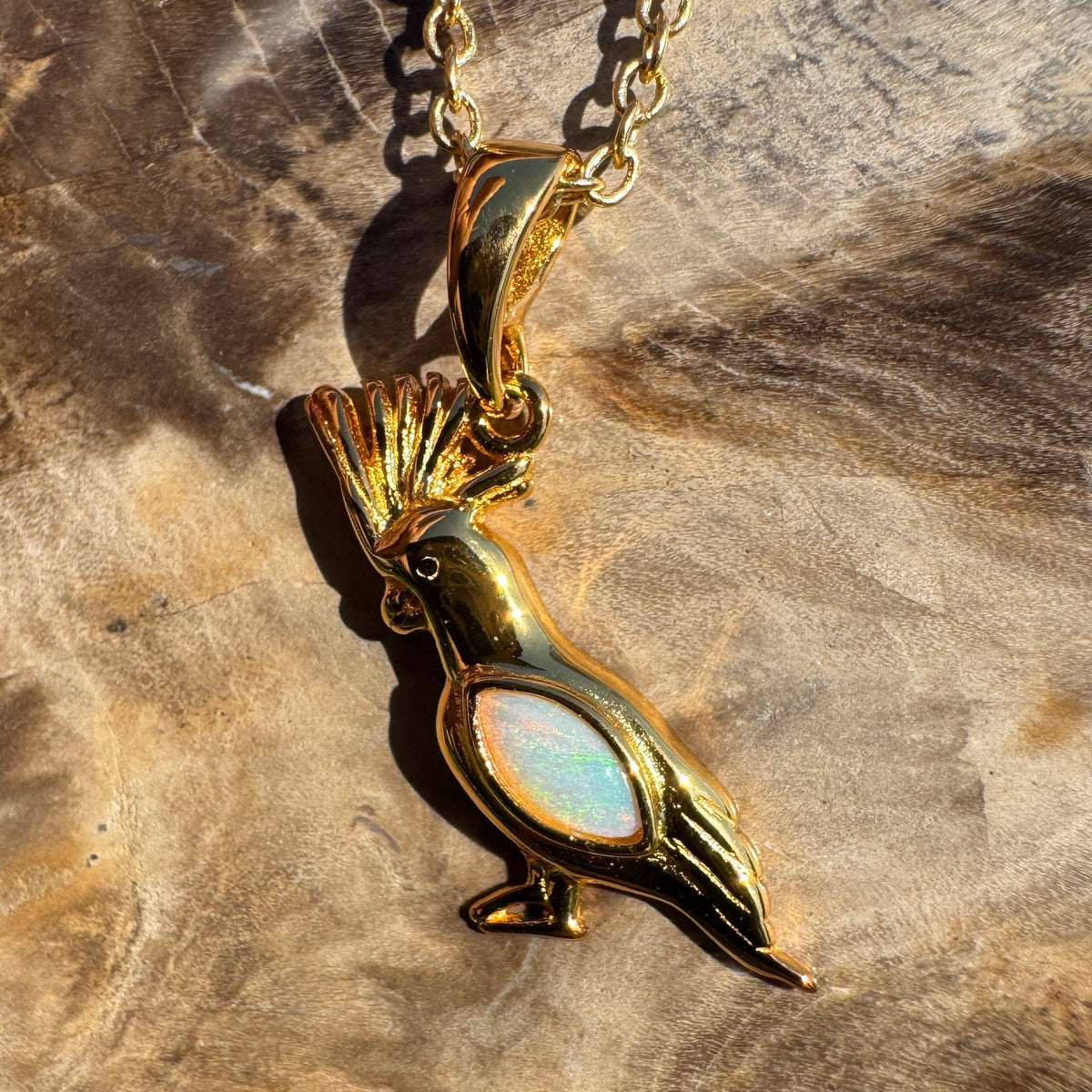 0.3ct Coober Pedy Opal Cockatoo Pendant Necklace ~ 'Blackdown Tableland Glow' | Yellow Gold Coated 925 Sterling Silver | Solid Australian Opal