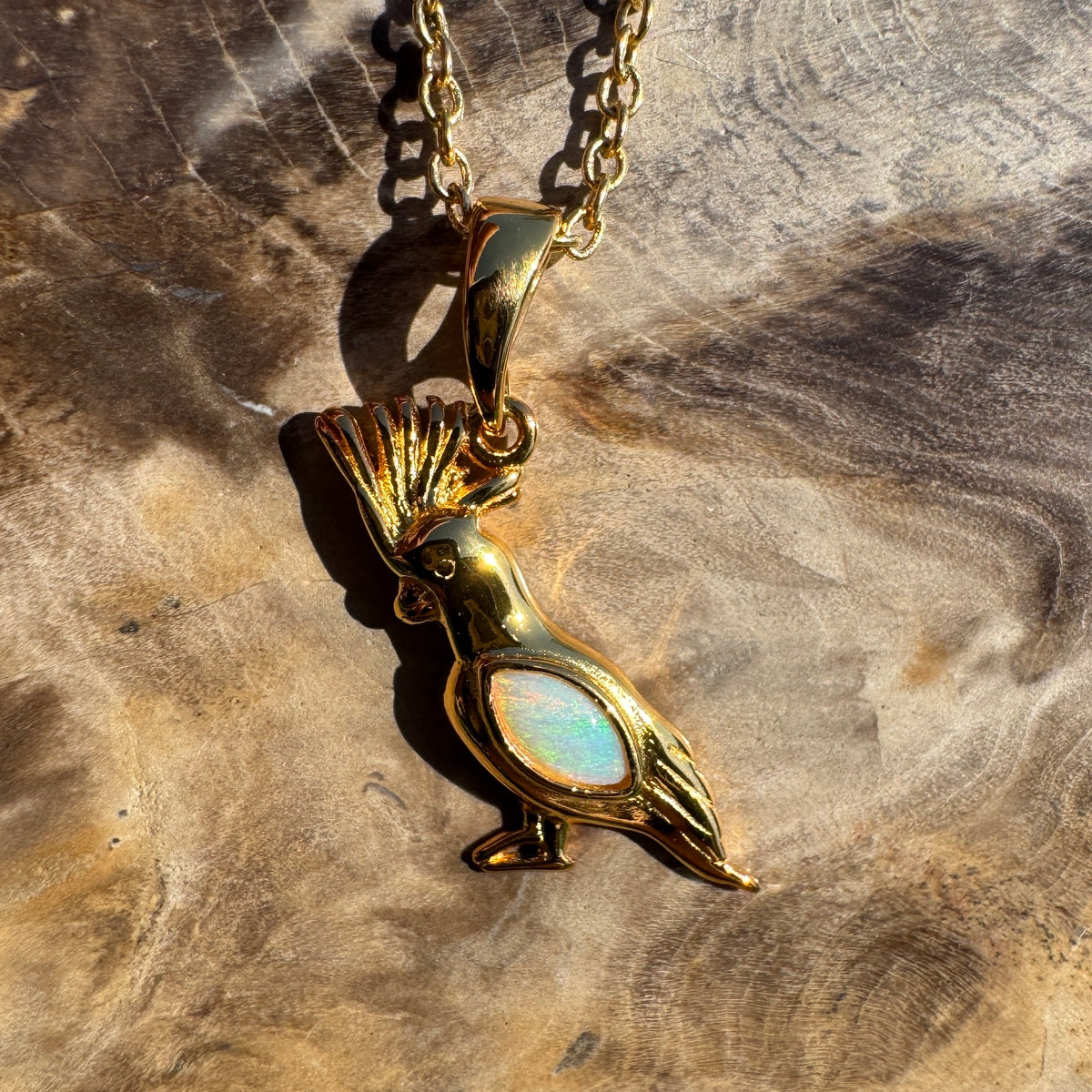0.3ct Coober Pedy Opal Cockatoo Pendant Necklace ~ 'Blackdown Tableland Glow' | Yellow Gold Coated 925 Sterling Silver | Solid Australian Opal