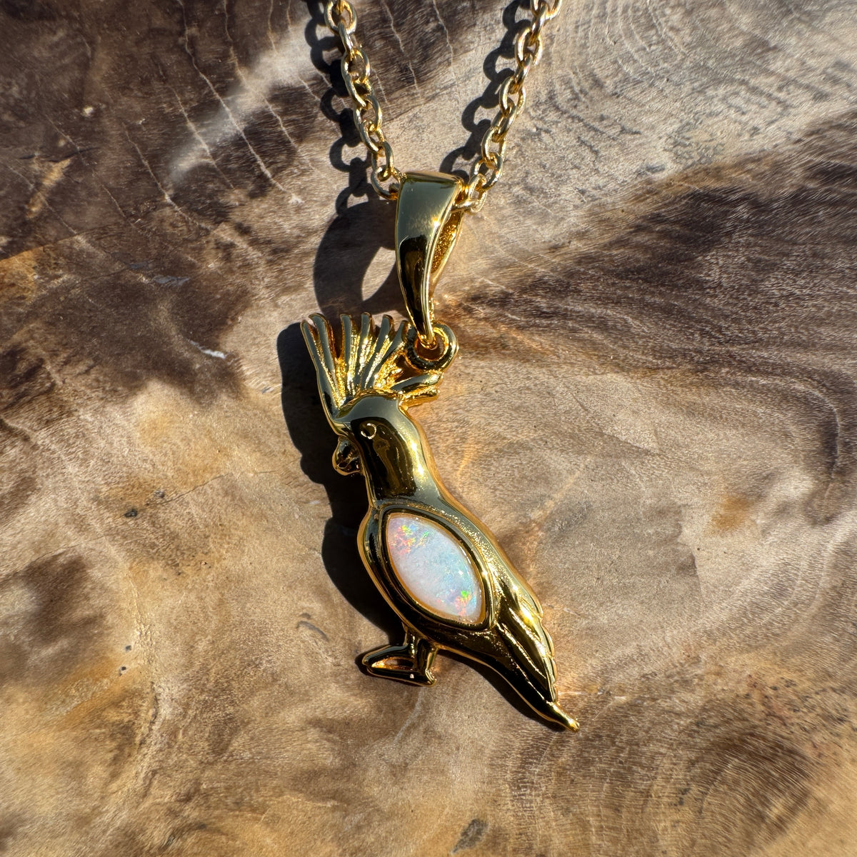 0.3ct Coober Pedy Opal Cockatoo Pendant Necklace ~ 'Kings Park Glow' | Yellow Gold Coated 925 Sterling Silver | Solid Australian Opal