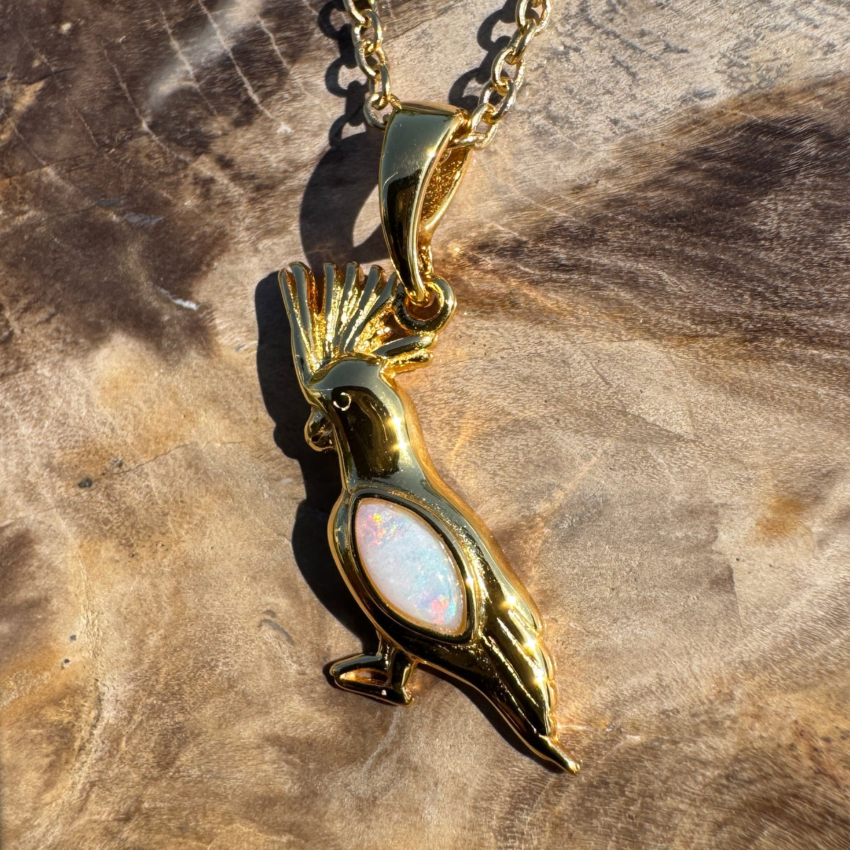 0.3ct Coober Pedy Opal Cockatoo Pendant Necklace ~ 'Kings Park Glow' | Yellow Gold Coated 925 Sterling Silver | Solid Australian Opal