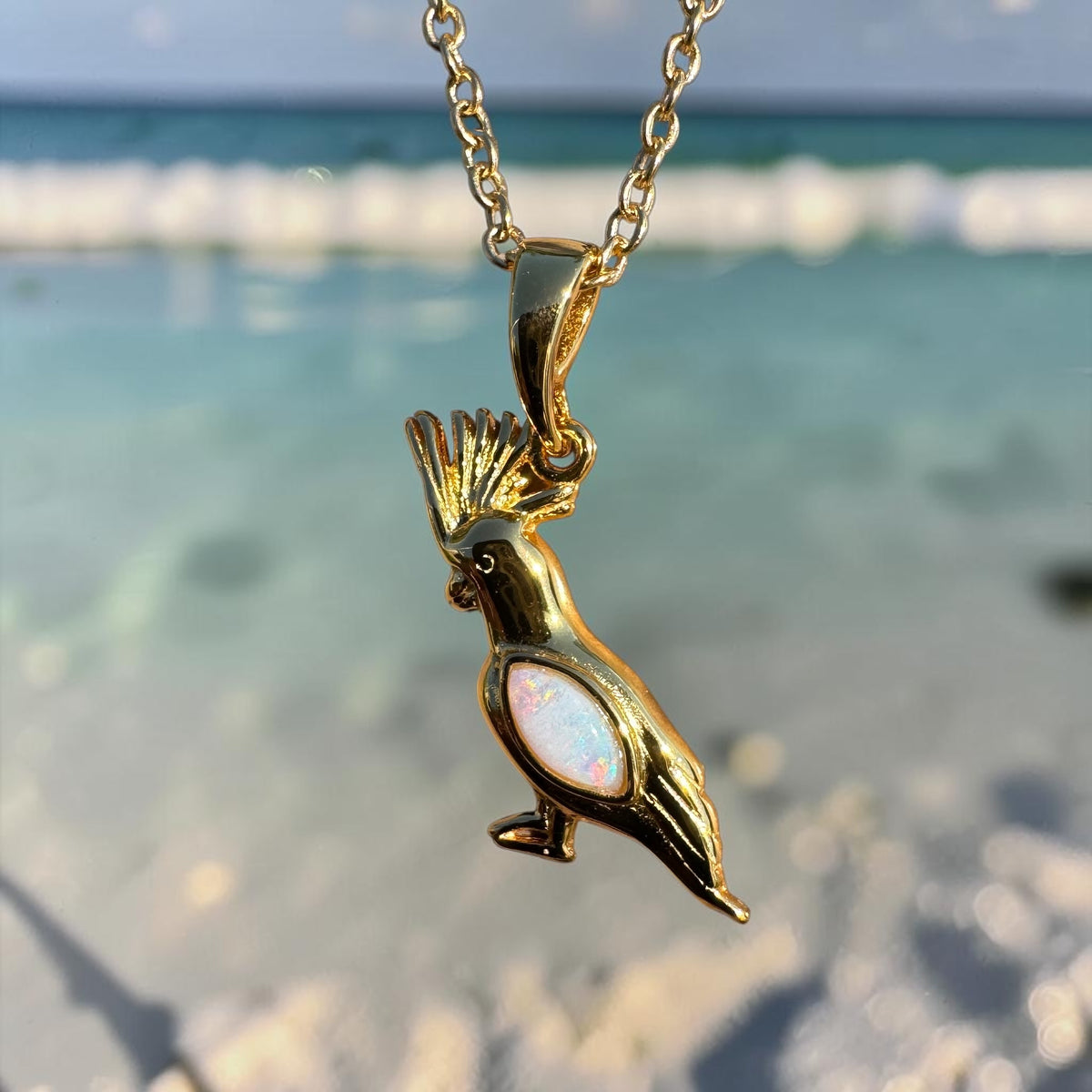 0.3ct Coober Pedy Opal Cockatoo Pendant Necklace ~ 'Kings Park Glow' | Yellow Gold Coated 925 Sterling Silver | Solid Australian Opal
