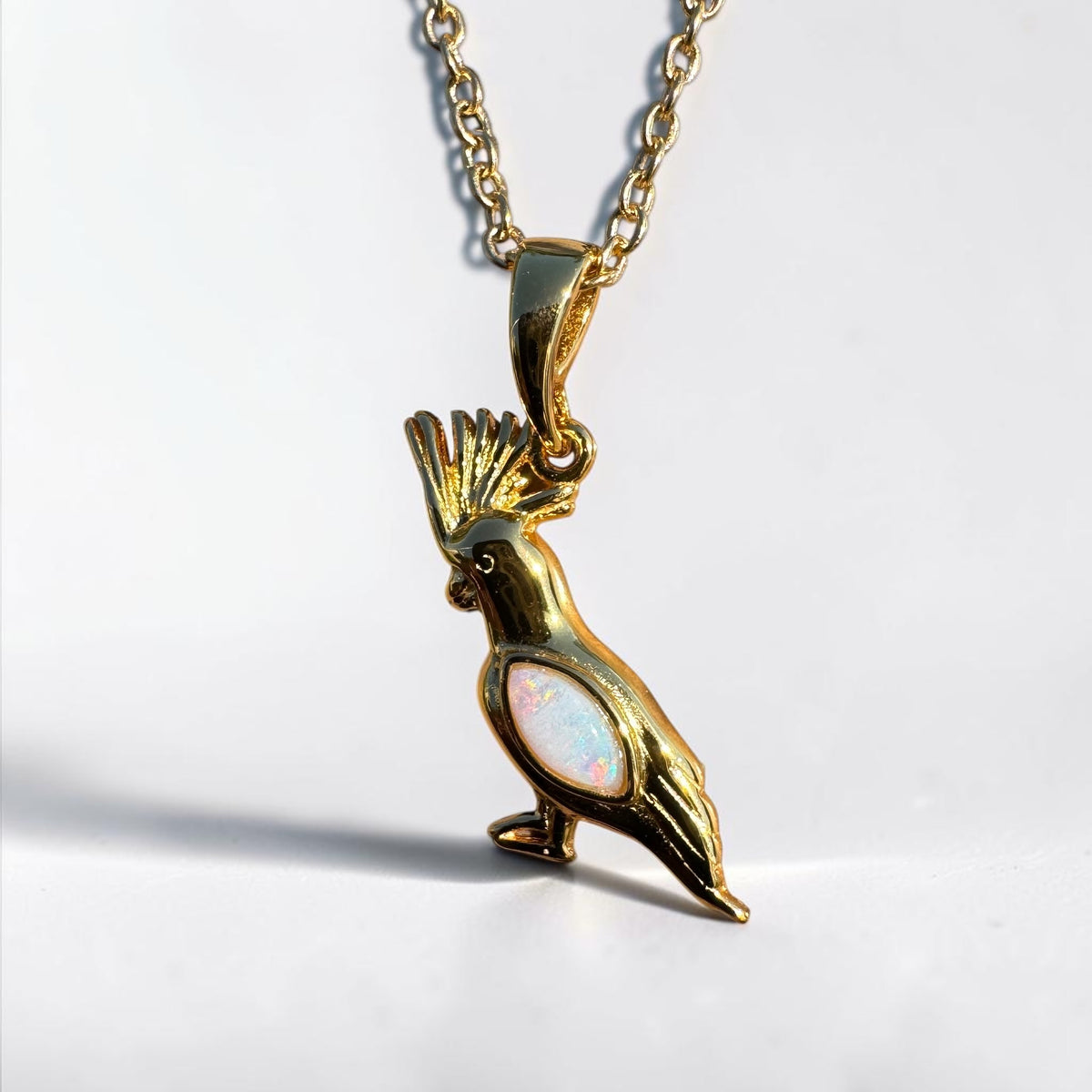 0.3ct Coober Pedy Opal Cockatoo Pendant Necklace ~ 'Kings Park Glow' | Yellow Gold Coated 925 Sterling Silver | Solid Australian Opal