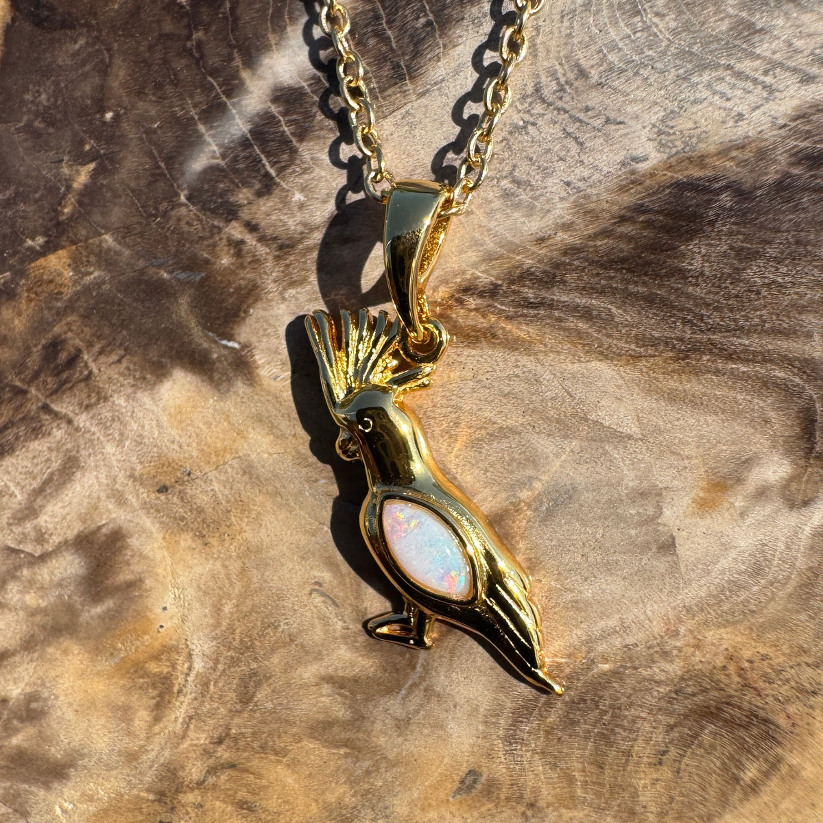 0.3ct Coober Pedy Opal Cockatoo Pendant Necklace ~ 'Kings Park Glow' | Yellow Gold Coated 925 Sterling Silver | Solid Australian Opal