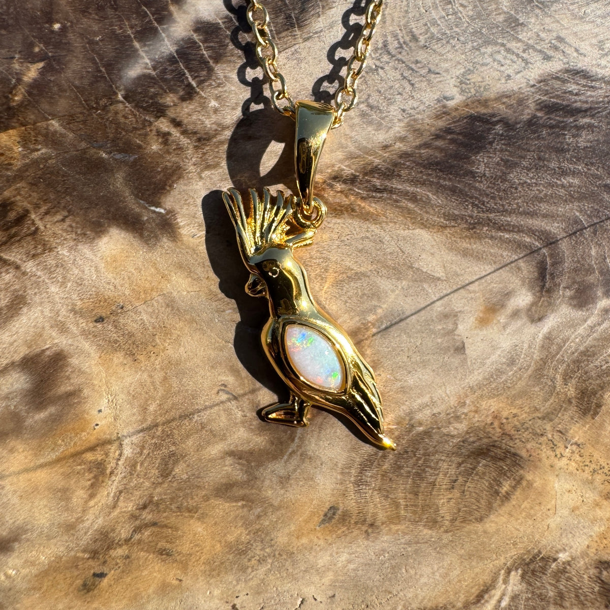 0.3ct Coober Pedy Opal Cockatoo Pendant Necklace ~ 'Kings Park Glow' | Yellow Gold Coated 925 Sterling Silver | Solid Australian Opal