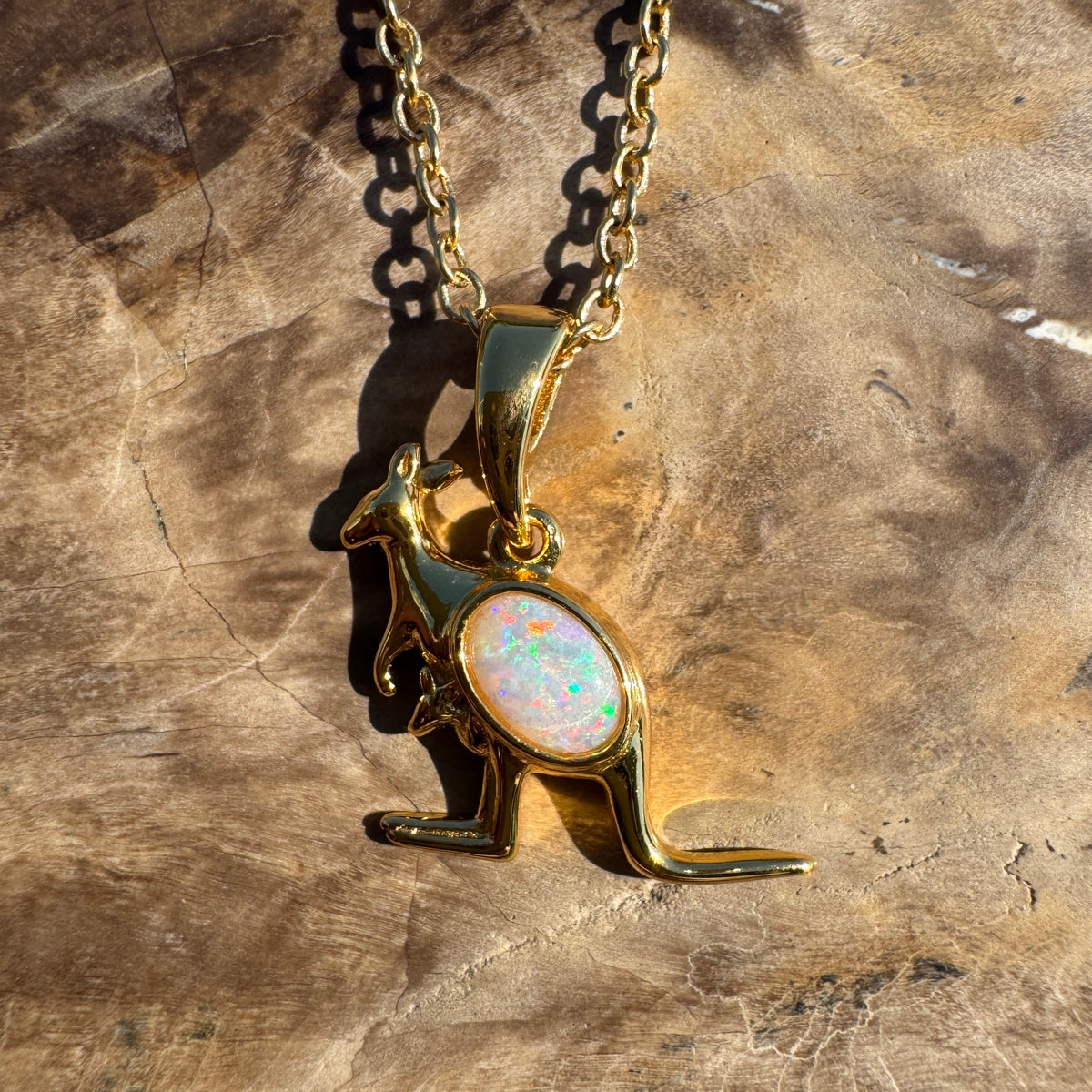 0.3ct Coober Pedy Opal Kangaroo Pendant Necklace ~ 'Cape Hillsborough Hop' | Yellow Gold Coated 925 Sterling Silver | Solid Australian Opal