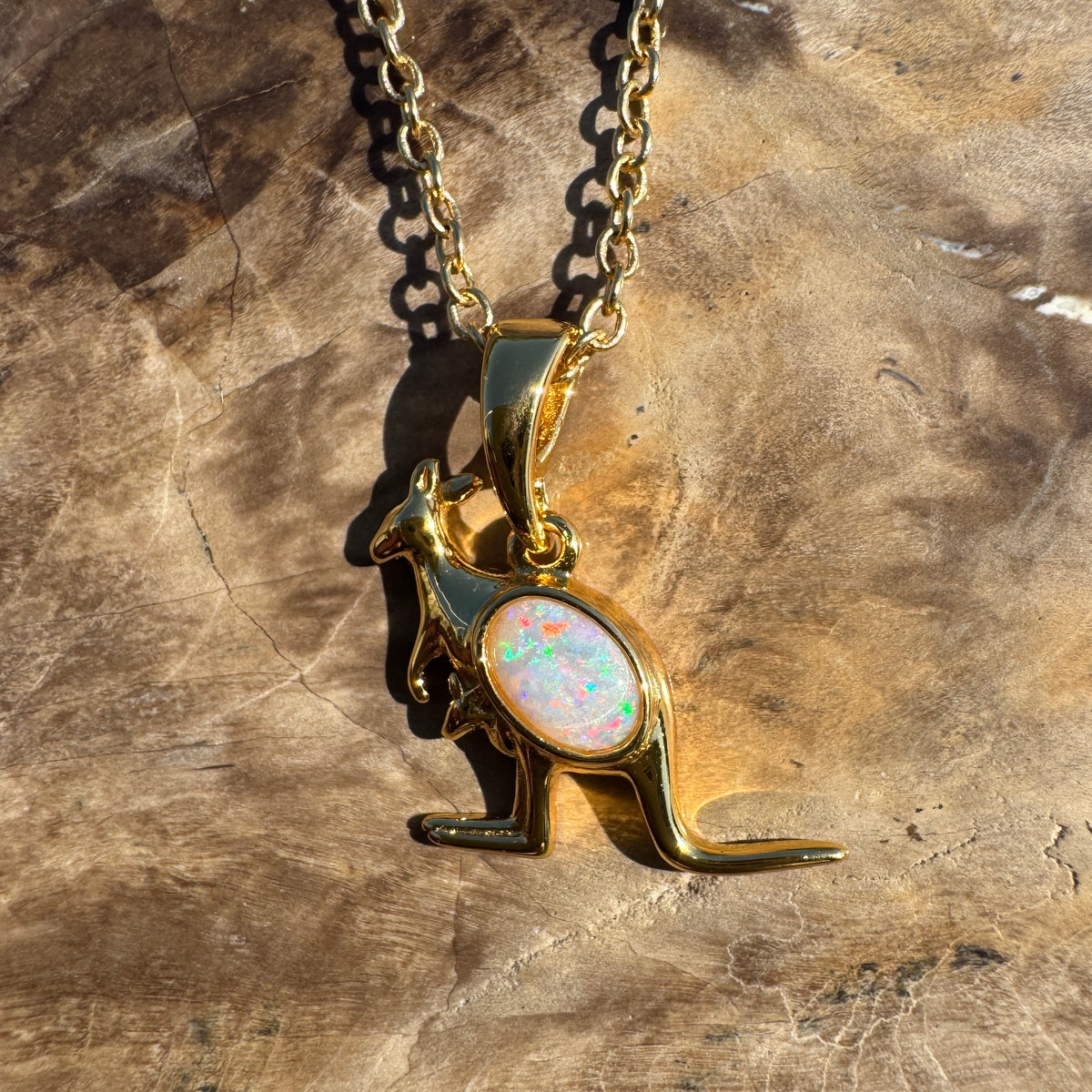 0.3ct Coober Pedy Opal Kangaroo Pendant Necklace ~ 'Cape Hillsborough Hop' | Yellow Gold Coated 925 Sterling Silver | Solid Australian Opal