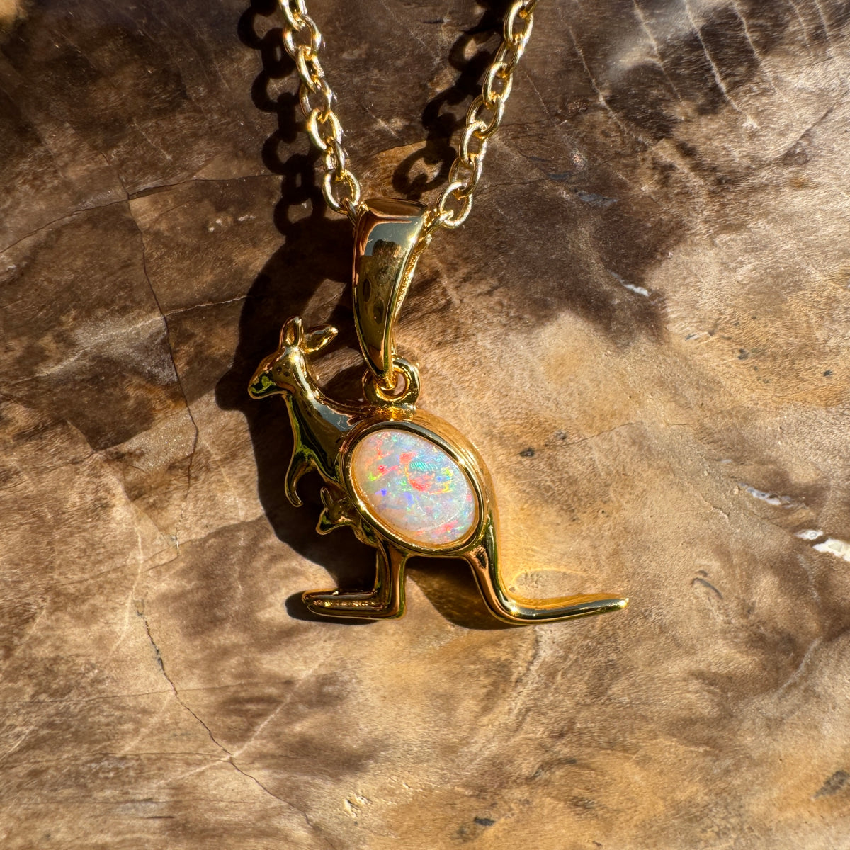 0.3ct Coober Pedy Opal Kangaroo Pendant Necklace ~ 'Cape Hillsborough Hop' | Yellow Gold Coated 925 Sterling Silver | Solid Australian Opal