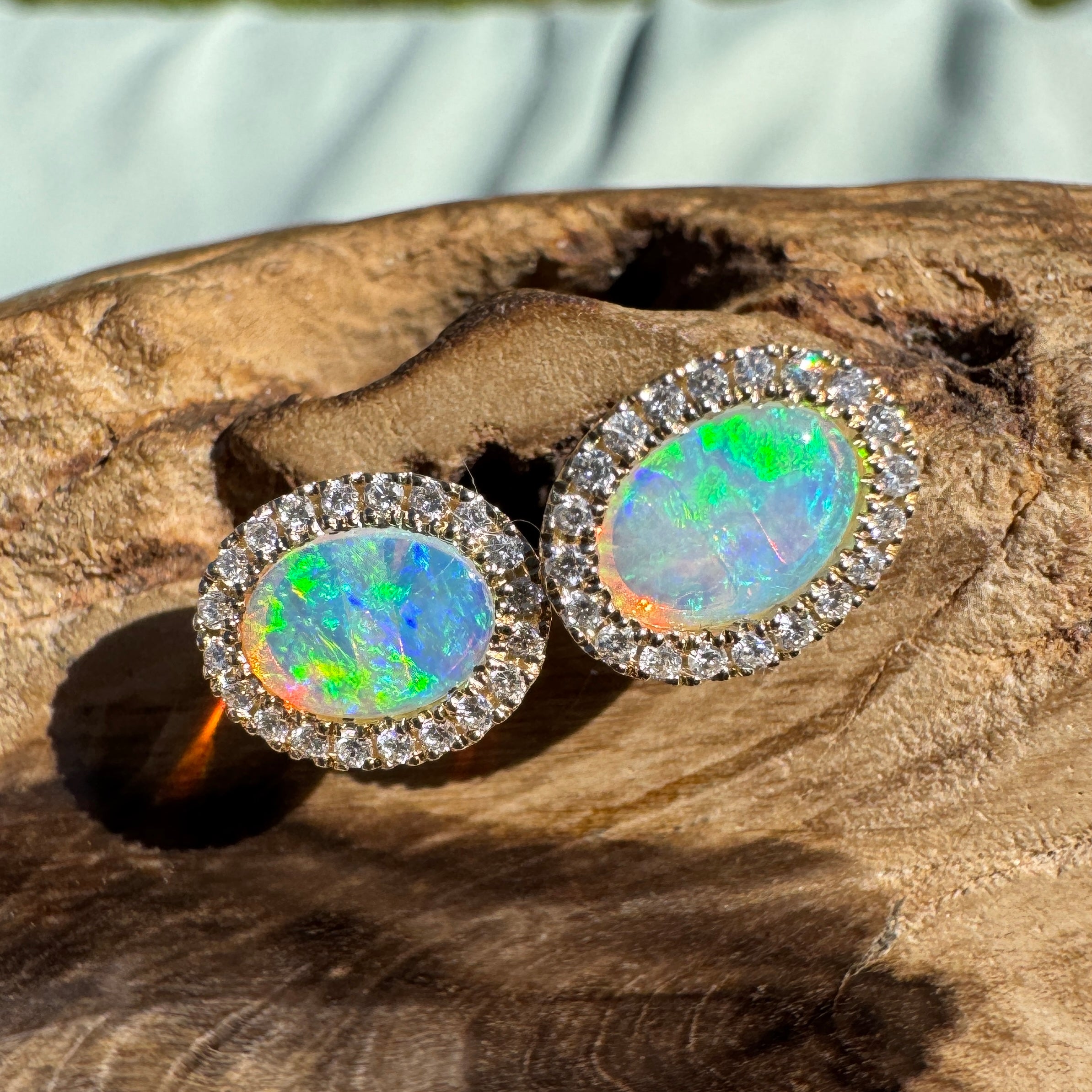1ct Lightning Ridge Opal Stud Earrings ~ 'Jervis Bay Gleam' | 14ct Yellow Gold | Solid Australian Opal