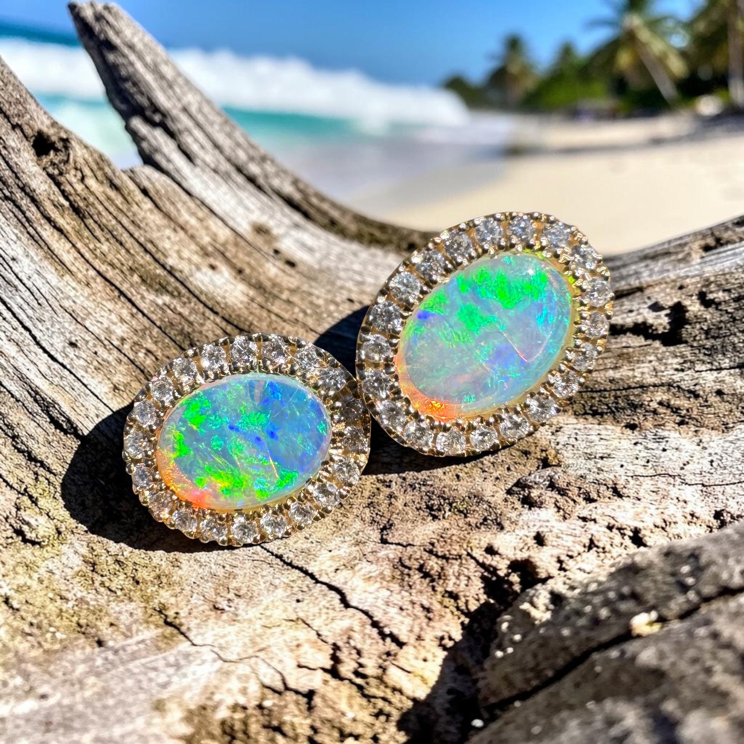1ct Lightning Ridge Opal Stud Earrings ~ 'Jervis Bay Gleam' | 14ct Yellow Gold | Solid Australian Opal