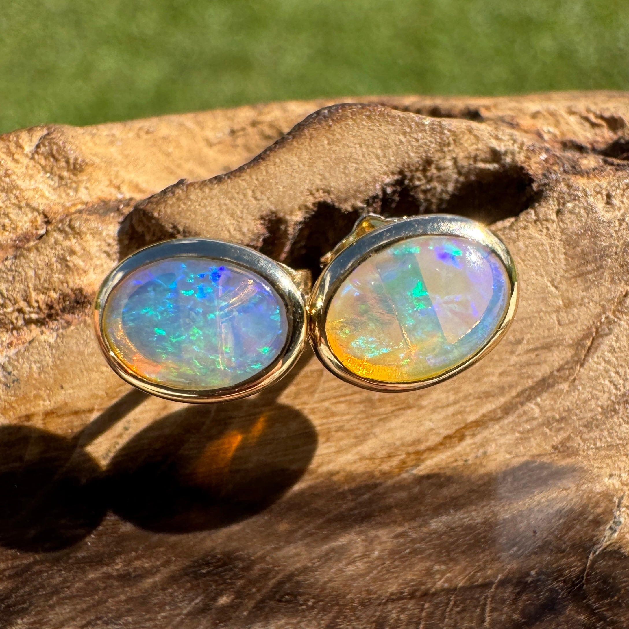 1ct Lightning Ridge Opal Stud Earrings ~ 'Freycinet Light' | 14ct Yellow Gold | Solid Australian Opal