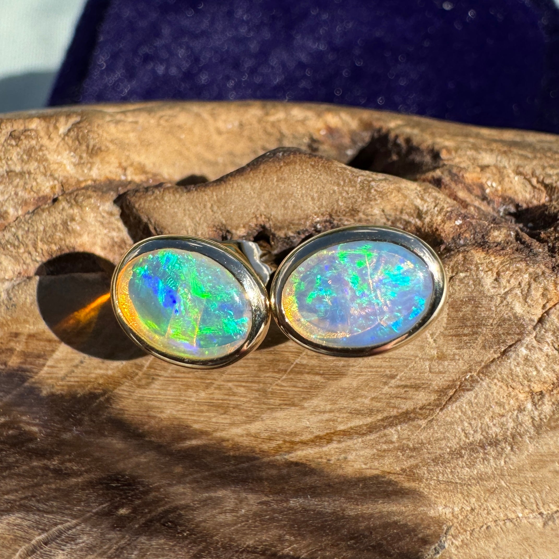 1ct Lightning Ridge Opal Stud Earrings ~ 'Freycinet Light' | 14ct Yellow Gold | Solid Australian Opal