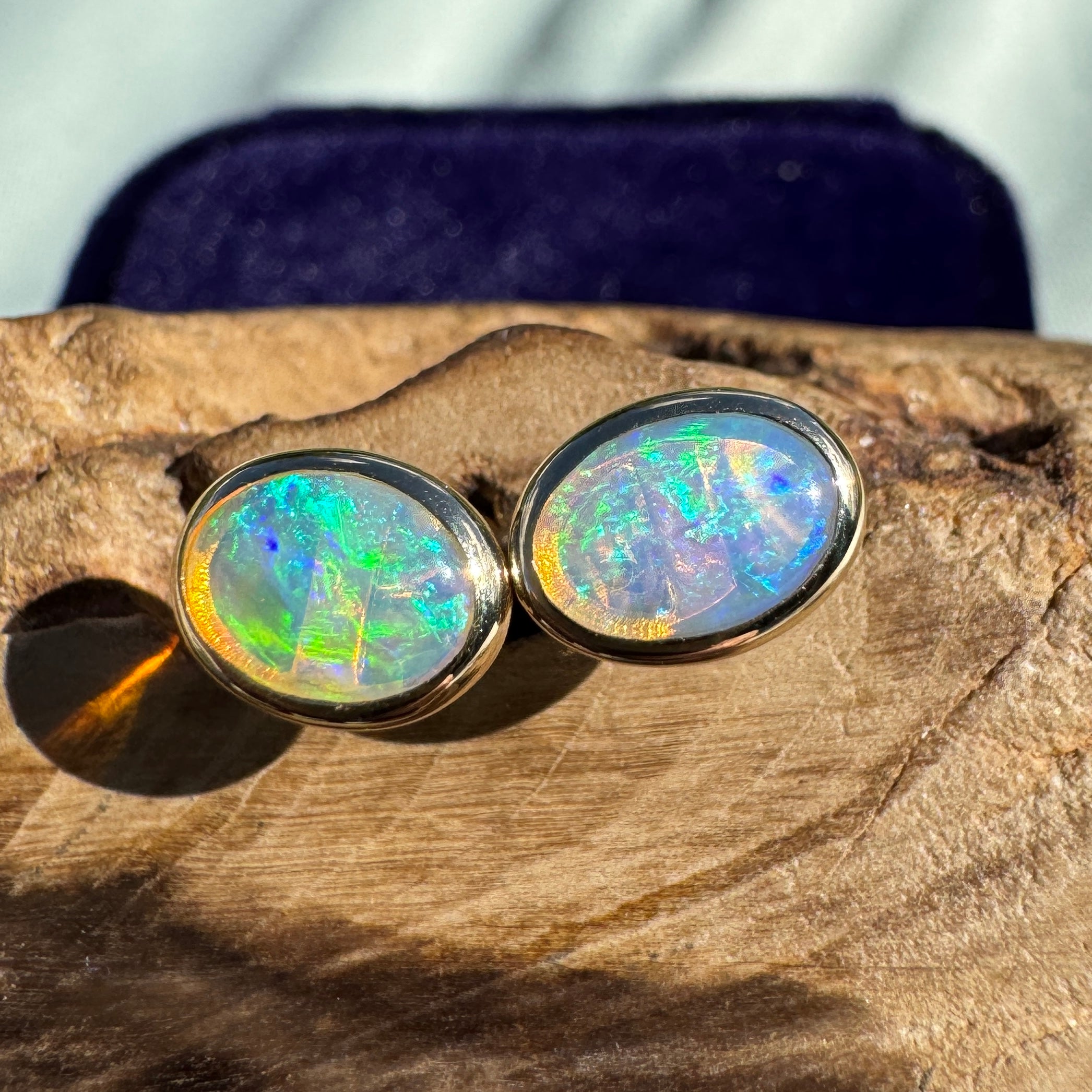 1ct Lightning Ridge Opal Stud Earrings ~ 'Freycinet Light' | 14ct Yellow Gold | Solid Australian Opal
