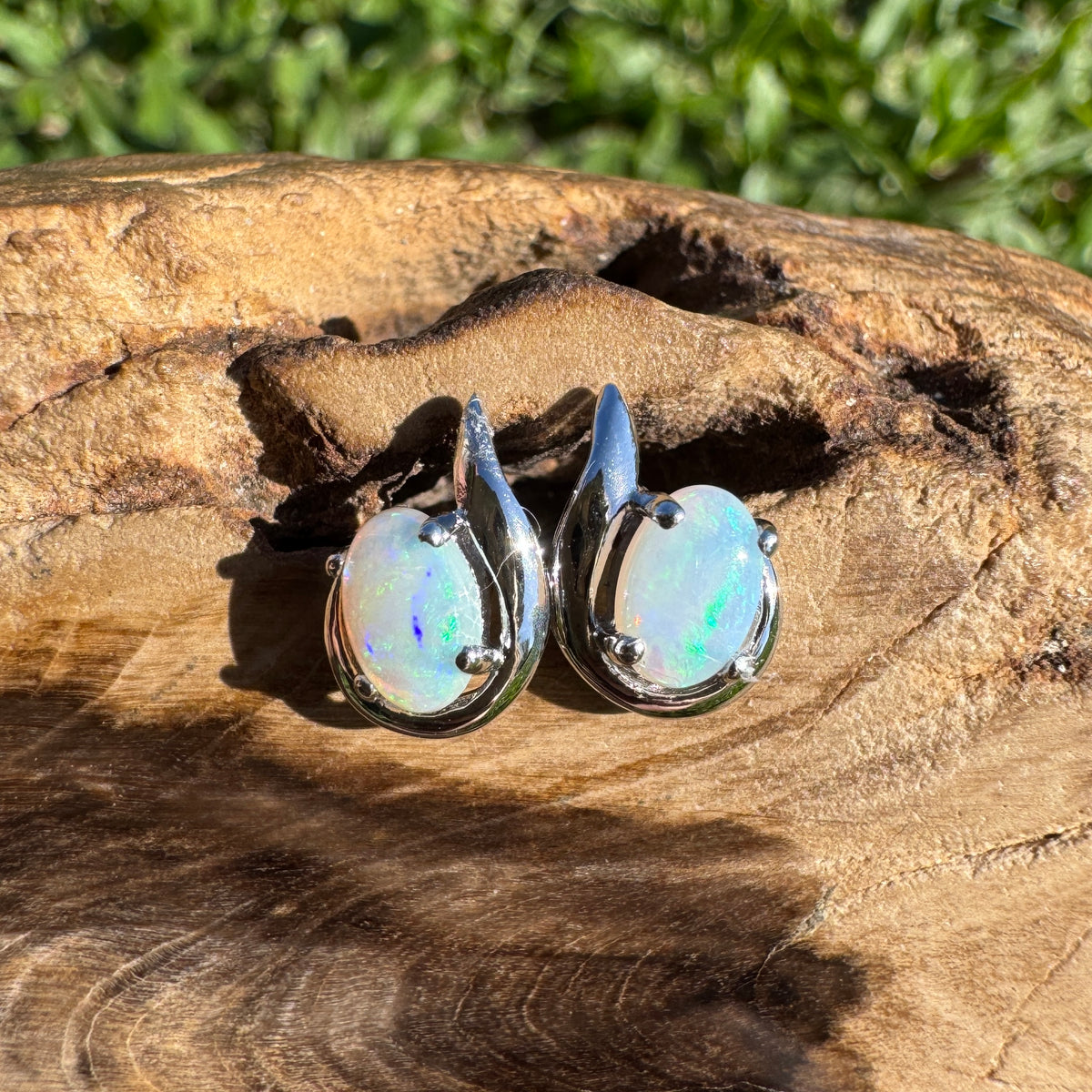 0.9ct Coober Pedy Opal Stud Earrings ~ 'Agnes Water Blues' | 925 Sterling Silver | Solid Australian Opal