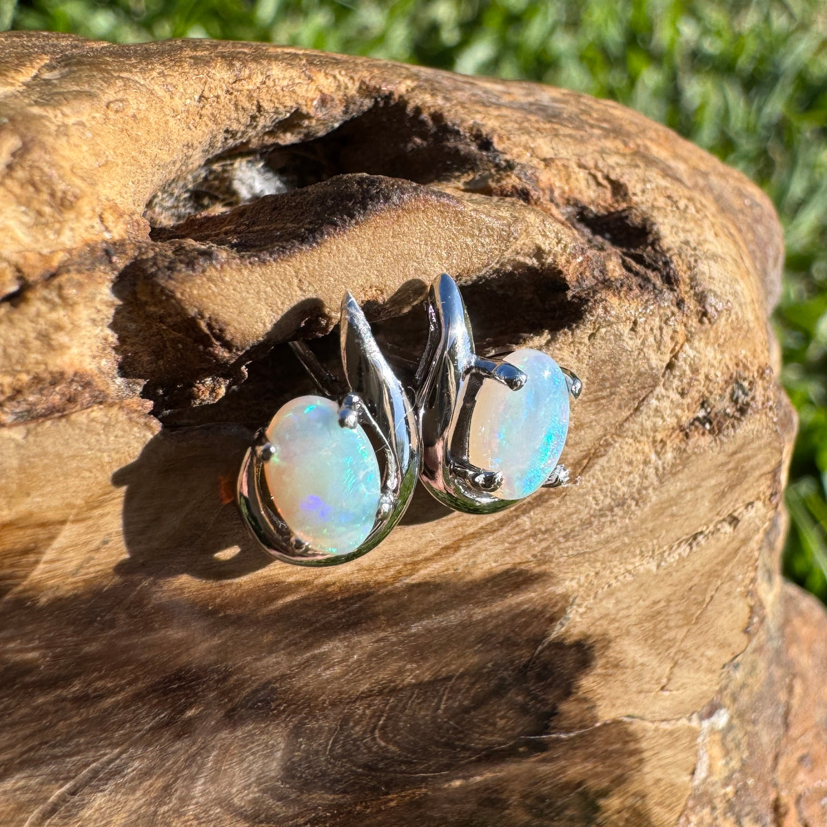 0.9ct Coober Pedy Opal Stud Earrings ~ 'Agnes Water Blues' | 925 Sterling Silver | Solid Australian Opal