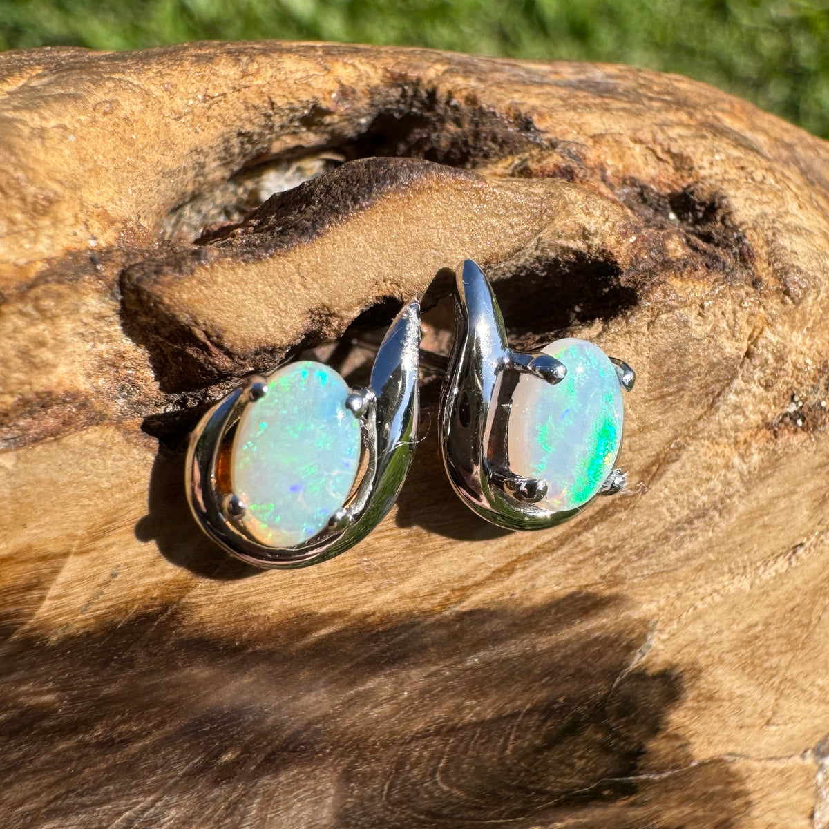 0.9ct Coober Pedy Opal Stud Earrings ~ 'Agnes Water Blues' | 925 Sterling Silver | Solid Australian Opal