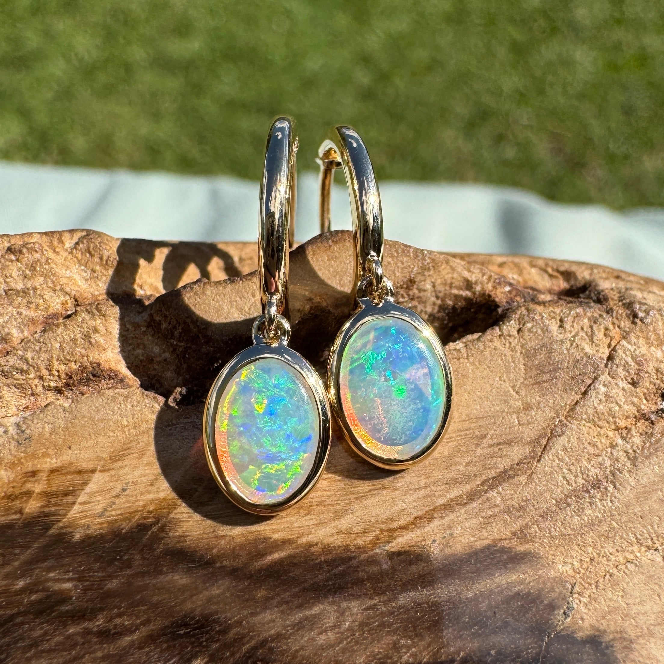 1ct Lightning Ridge Opal Stud Drop Earrings ~ 'Turquoise Bay Drop' | 14ct Yellow Gold | Solid Australian Opal