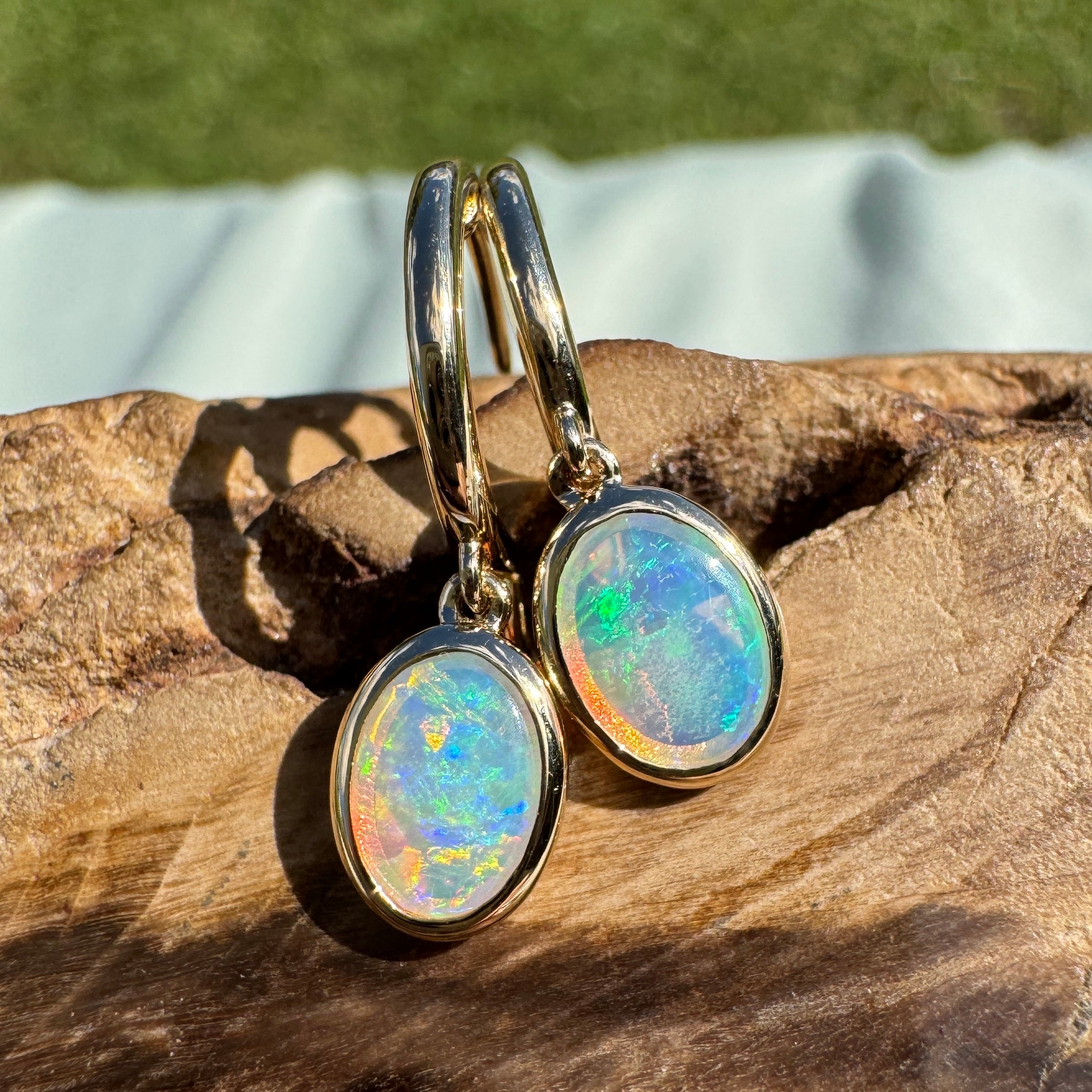 1ct Lightning Ridge Opal Stud Drop Earrings ~ 'Turquoise Bay Drop' | 14ct Yellow Gold | Solid Australian Opal