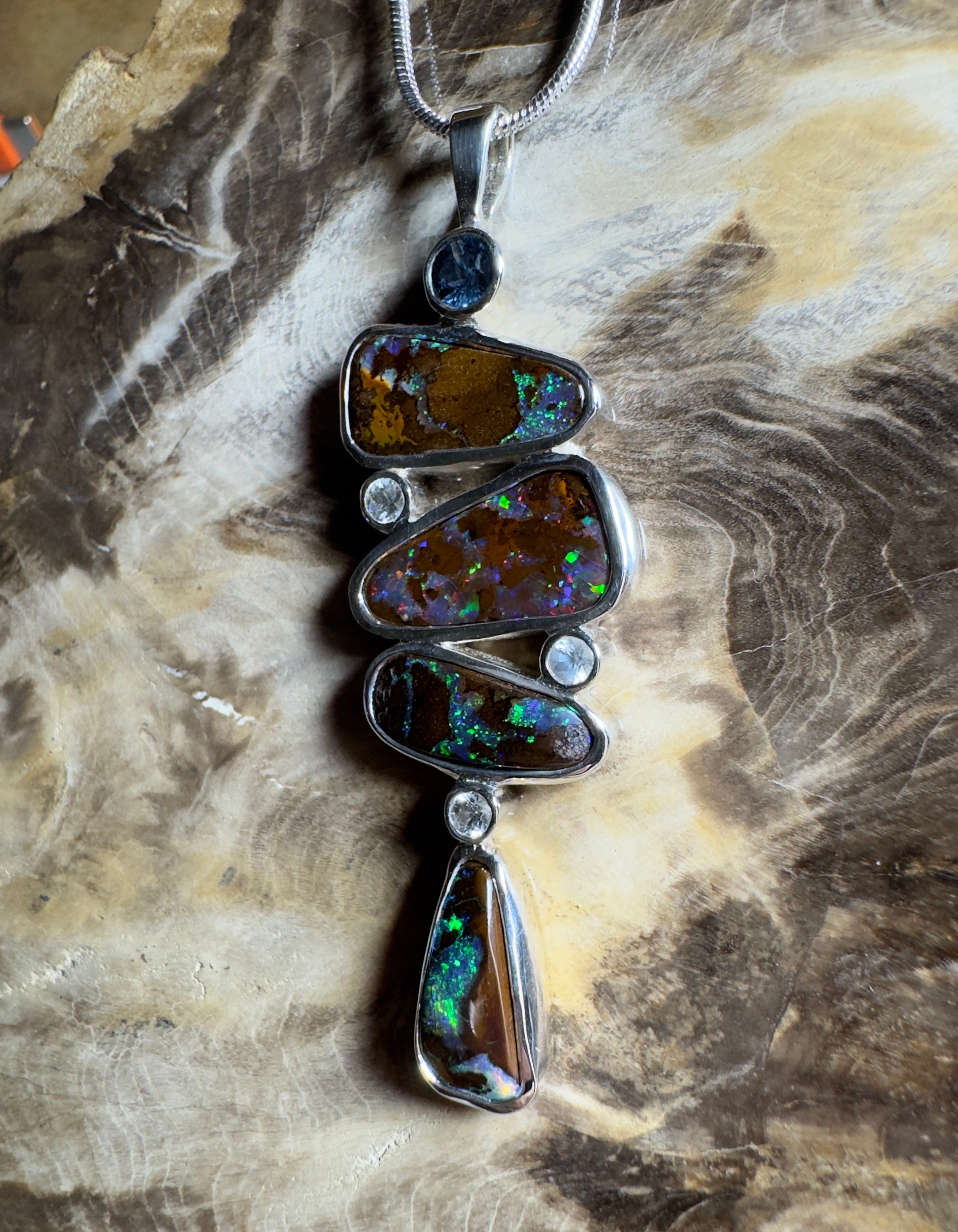 12ct Queensland Boulder Opal Pendant Necklace with 0.6ct & 0.2ct Queensland Sapphire ~ 'Great Barrier Reef Grandeur' | 925 Sterling Silver | Solid Australian Opal