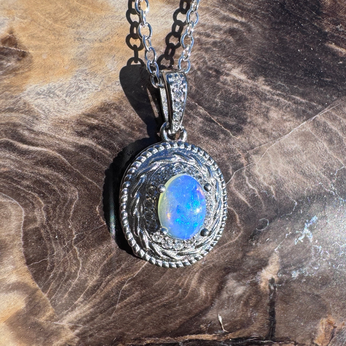 0.5ct Coober Pedy Opal & Cubic Zirconia Pendant Necklace ~ 'Yalgorup Blue' | 925 Sterling Silver | Solid Australian Opal