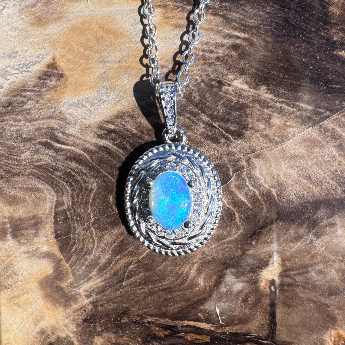 0.5ct Coober Pedy Opal & Cubic Zirconia Pendant Necklace ~ 'Yalgorup Blue' | 925 Sterling Silver | Solid Australian Opal