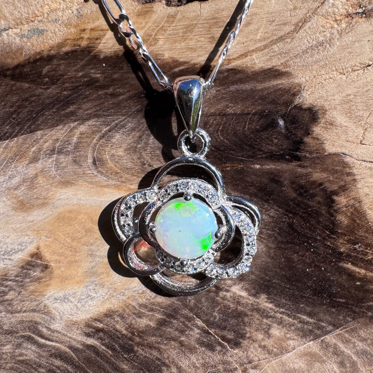 0.7ct Coober Pedy Opal & Cubic Zirconia Pendant Necklace ~ 'Lake Bennett Blue' | 925 Sterling Silver | Solid Australian Opal