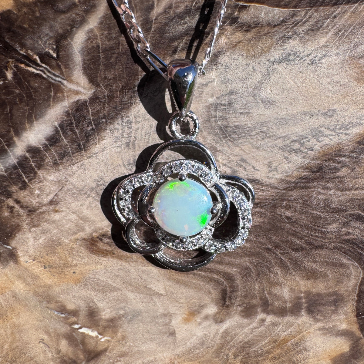 0.7ct Coober Pedy Opal & Cubic Zirconia Pendant Necklace ~ 'Lake Bennett Blue' | 925 Sterling Silver | Solid Australian Opal