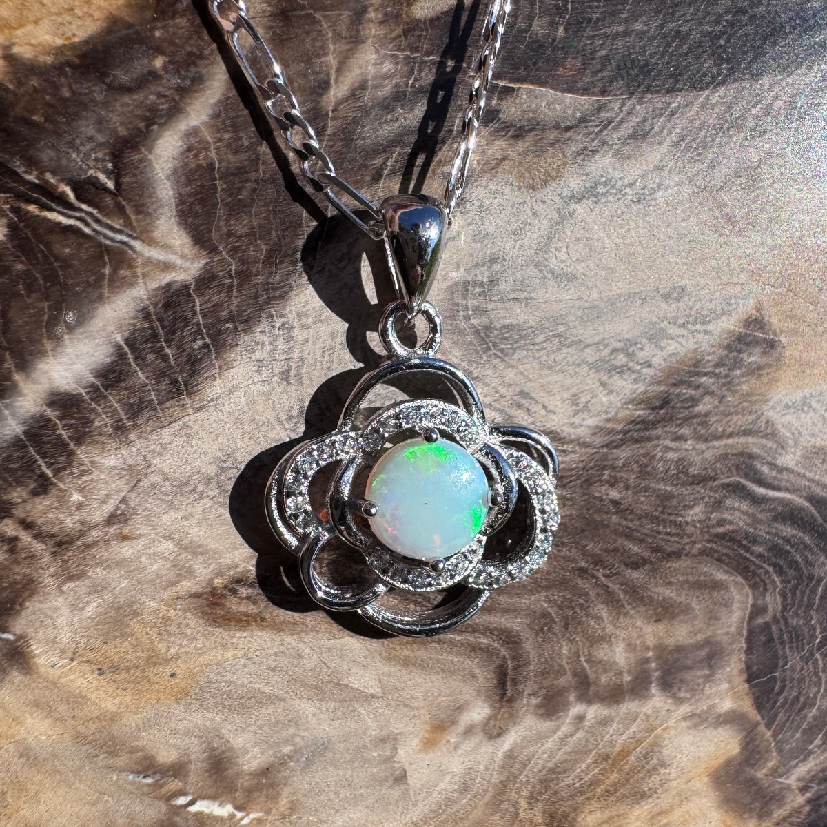 0.7ct Coober Pedy Opal & Cubic Zirconia Pendant Necklace ~ 'Lake Bennett Blue' | 925 Sterling Silver | Solid Australian Opal