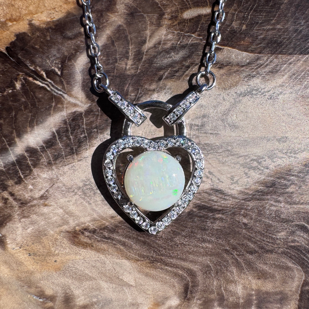 1.1ct Coober Pedy Opal & Cubic Zirconia Pendant Necklace ~ 'Lake Cave Glow' | 925 Sterling Silver | Solid Australian Opal