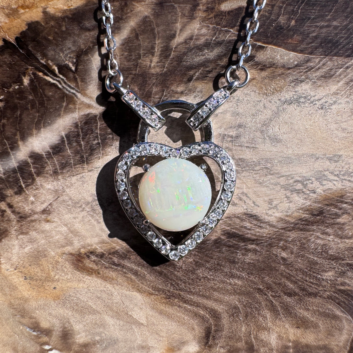 1.1ct Coober Pedy Opal & Cubic Zirconia Pendant Necklace ~ 'Lake Cave Glow' | 925 Sterling Silver | Solid Australian Opal