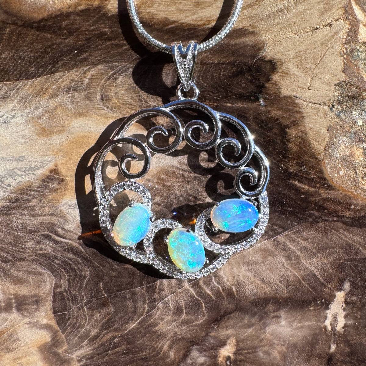 1.8ct Lightning Ridge Crystal Opal & Cubic Zirconia Trio Pendant Necklace ~ 'Granite Belt Trio' | 925 Sterling Silver | Solid Australian Opal