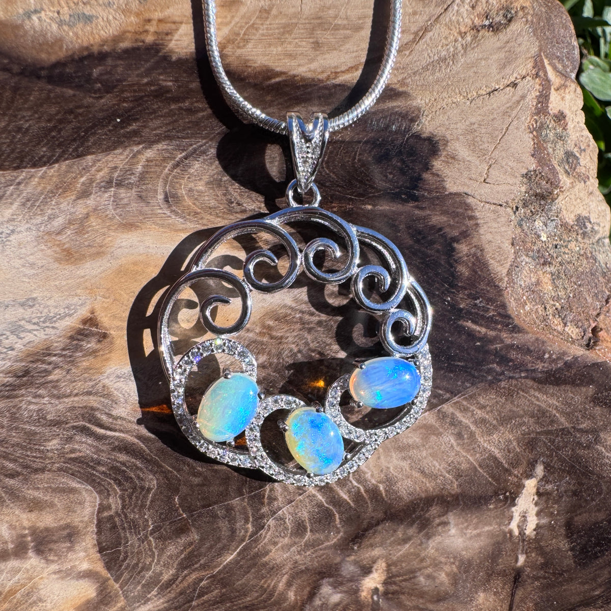 1.8ct Lightning Ridge Crystal Opal & Cubic Zirconia Trio Pendant Necklace ~ 'Granite Belt Trio' | 925 Sterling Silver | Solid Australian Opal