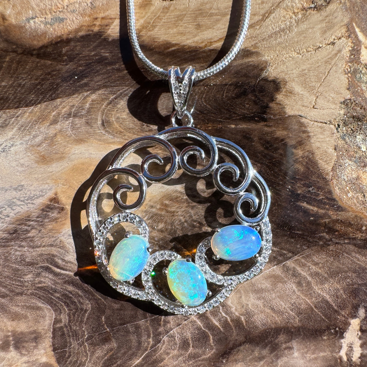 1.8ct Lightning Ridge Crystal Opal & Cubic Zirconia Trio Pendant Necklace ~ 'Granite Belt Trio' | 925 Sterling Silver | Solid Australian Opal