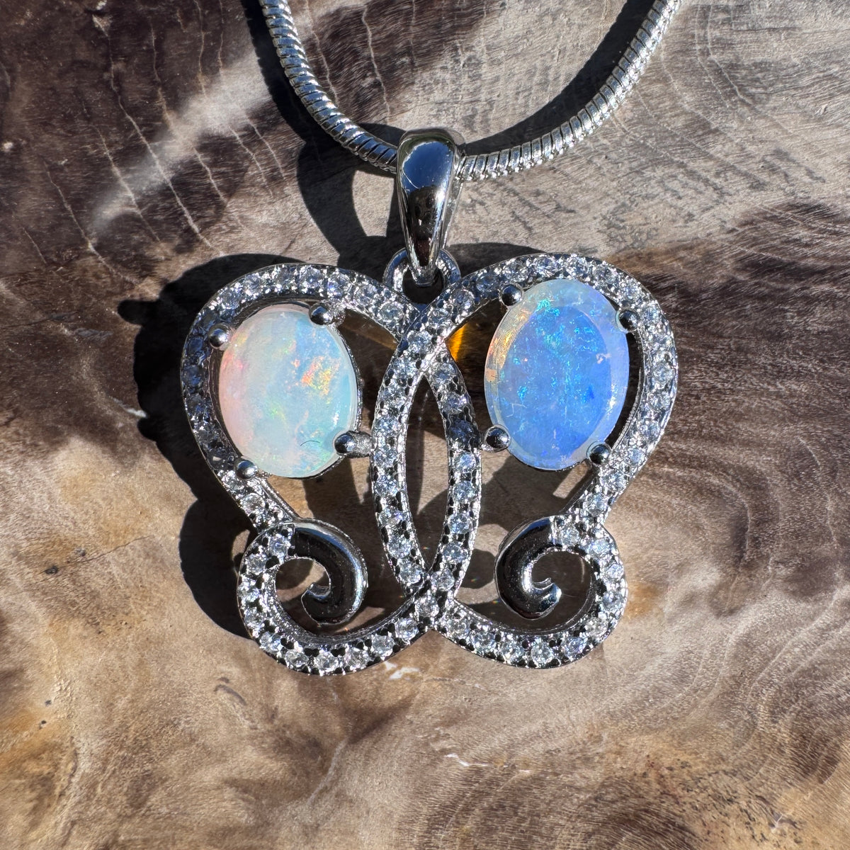 1.6ct Coober Pedy & Lightning Ridge Opal & Cubic Zirconia Butterfly Pendant Necklace ~ 'Mount Glorious Wings' | 925 Sterling Silver | Solid Australian Opal