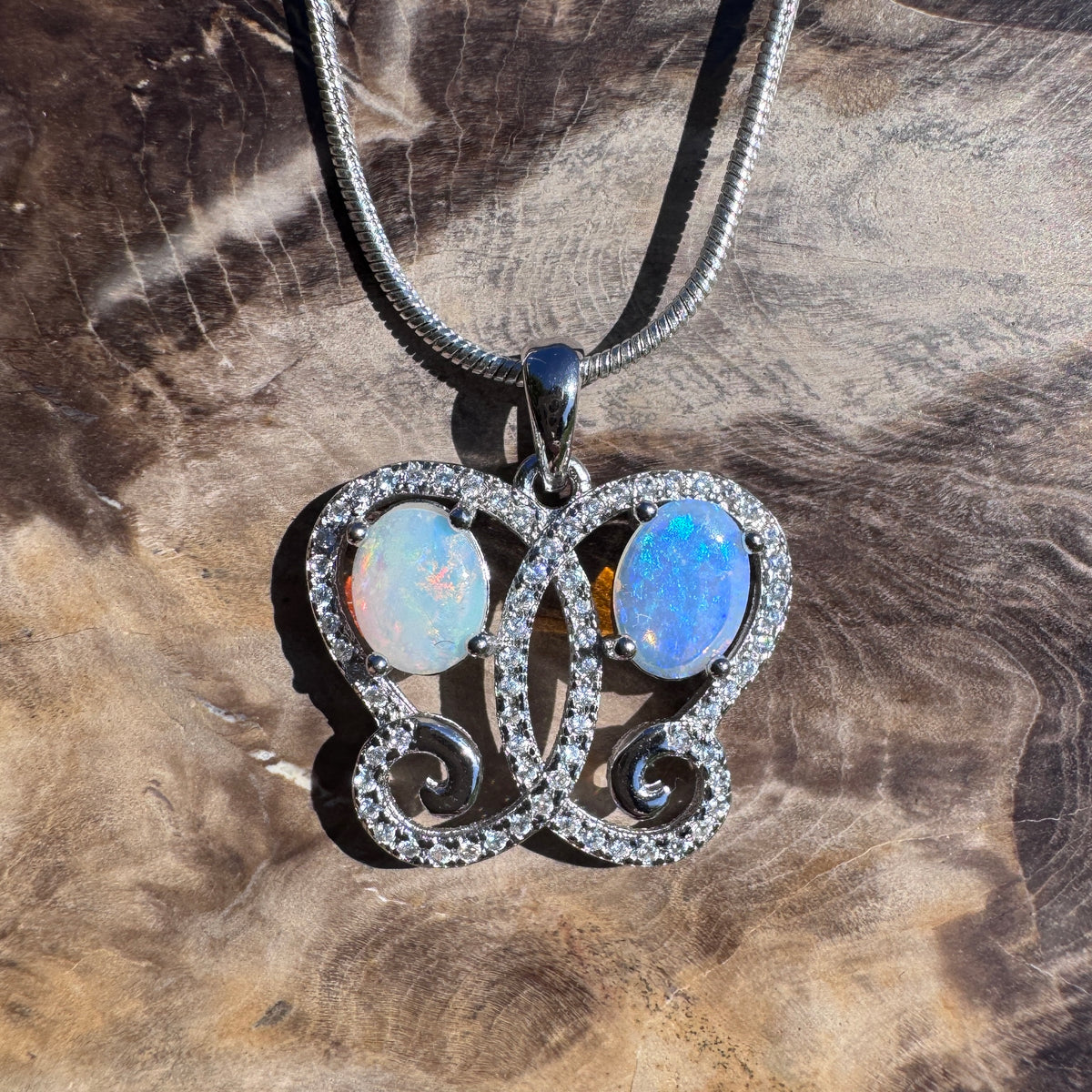 1.6ct Coober Pedy & Lightning Ridge Opal & Cubic Zirconia Butterfly Pendant Necklace ~ 'Mount Glorious Wings' | 925 Sterling Silver | Solid Australian Opal