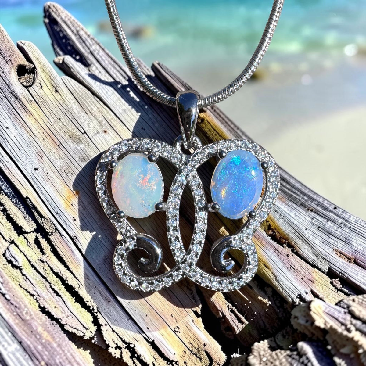 1.6ct Coober Pedy & Lightning Ridge Opal & Cubic Zirconia Butterfly Pendant Necklace ~ 'Mount Glorious Wings' | 925 Sterling Silver | Solid Australian Opal