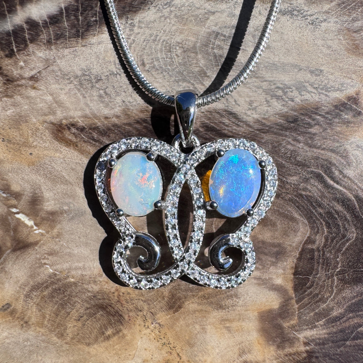 1.6ct Coober Pedy & Lightning Ridge Opal & Cubic Zirconia Butterfly Pendant Necklace ~ 'Mount Glorious Wings' | 925 Sterling Silver | Solid Australian Opal