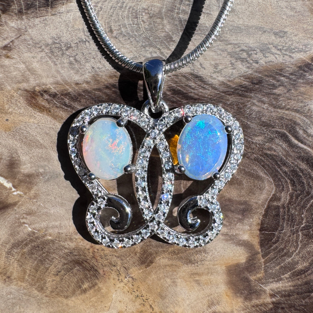 1.6ct Coober Pedy & Lightning Ridge Opal & Cubic Zirconia Butterfly Pendant Necklace ~ 'Mount Glorious Wings' | 925 Sterling Silver | Solid Australian Opal