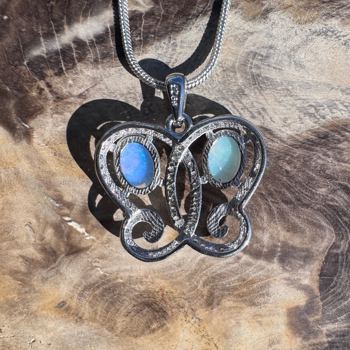 1.6ct Coober Pedy & Lightning Ridge Opal & Cubic Zirconia Butterfly Pendant Necklace ~ 'Mount Glorious Wings' | 925 Sterling Silver | Solid Australian Opal