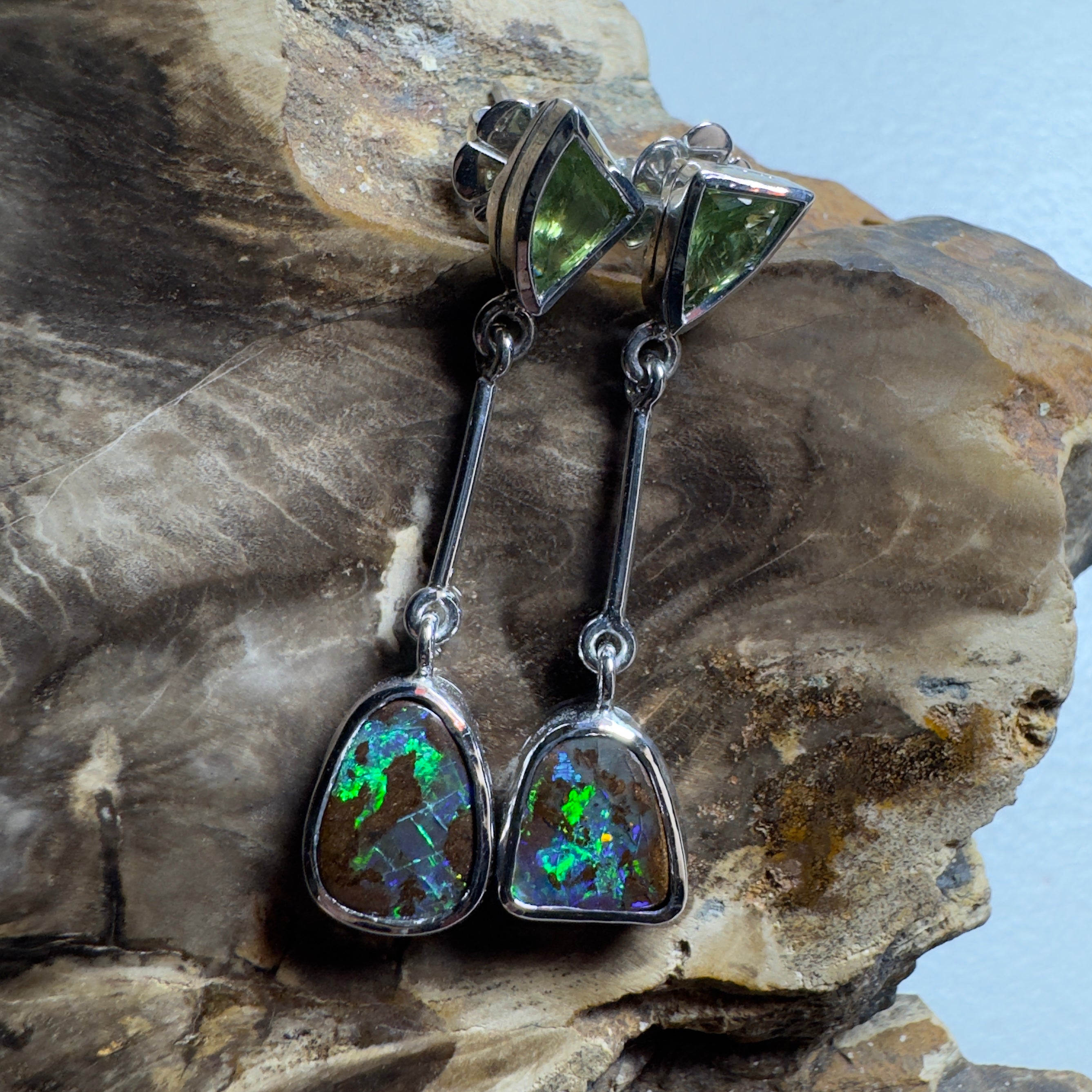 6.2ct Queensland Boulder Opal Earrings with 1.7ct Queensland Sapphire ~ 'Hamersley Horizon' | 925 Sterling Silver | Solid Australian Opal