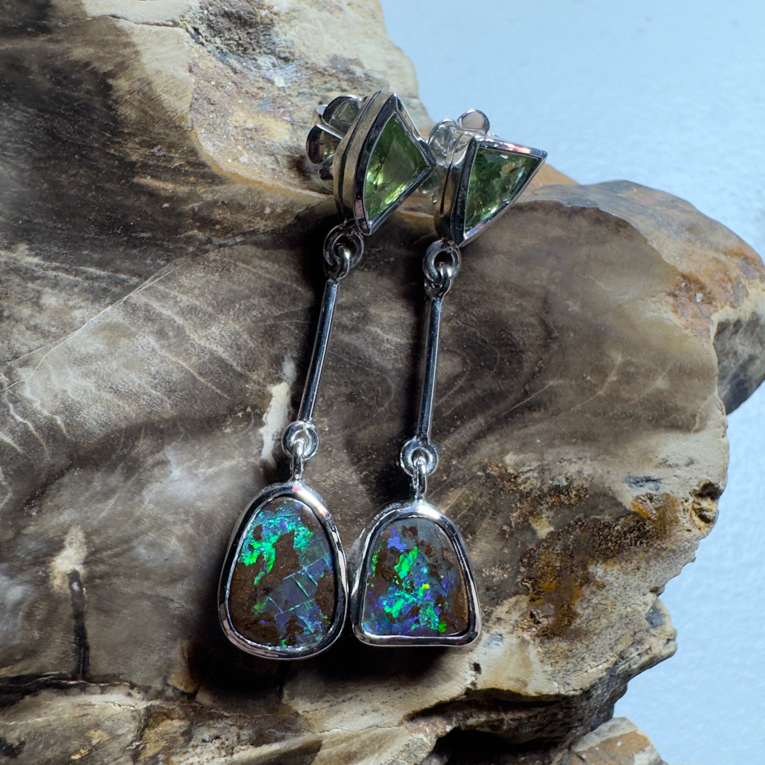 6.2ct Queensland Boulder Opal Earrings with 1.7ct Queensland Sapphire ~ 'Hamersley Horizon' | 925 Sterling Silver | Solid Australian Opal