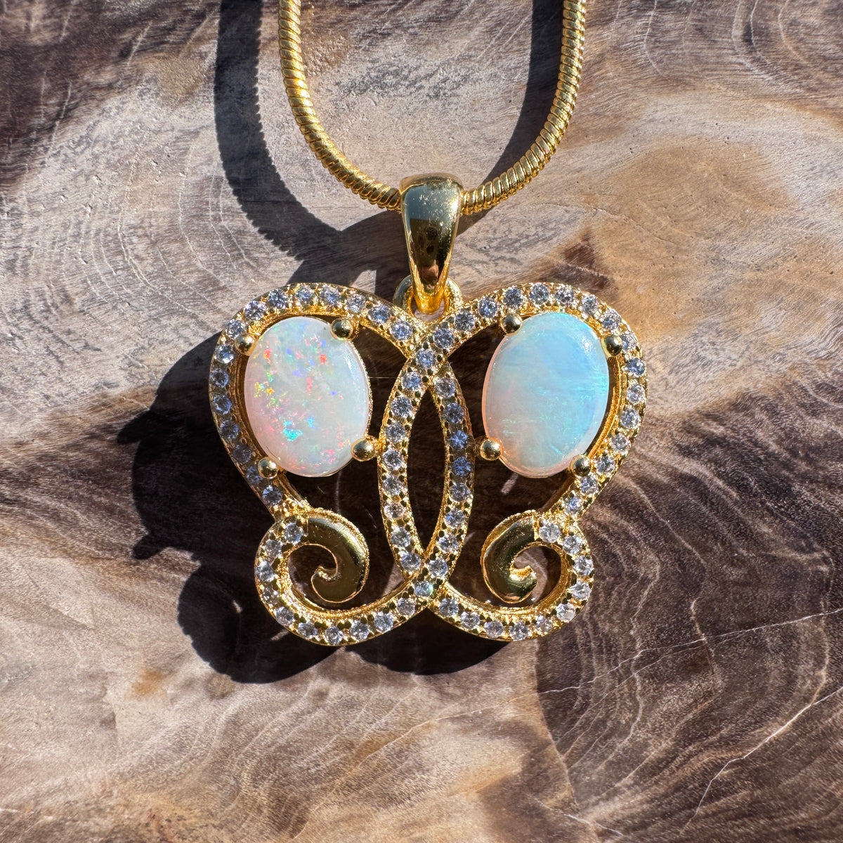 1.4ct Coober Pedy & Lightning Ridge Opal & Cubic Zirconia Butterfly Pendant Necklace ~ 'Butterfly Gorge Glow' | 925 Sterling Silver | Solid Australian Opal