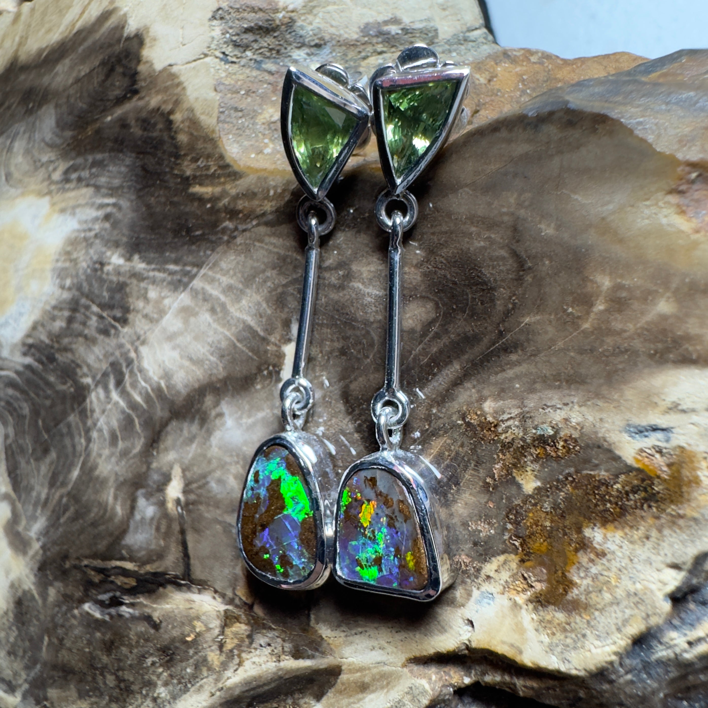 6.2ct Queensland Boulder Opal Earrings with 1.7ct Queensland Sapphire ~ 'Hamersley Horizon' | 925 Sterling Silver | Solid Australian Opal