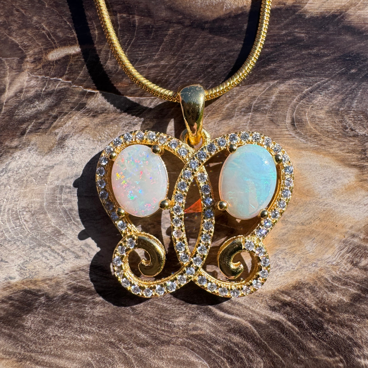 1.4ct Coober Pedy & Lightning Ridge Opal & Cubic Zirconia Butterfly Pendant Necklace ~ 'Butterfly Gorge Glow' | 925 Sterling Silver | Solid Australian Opal